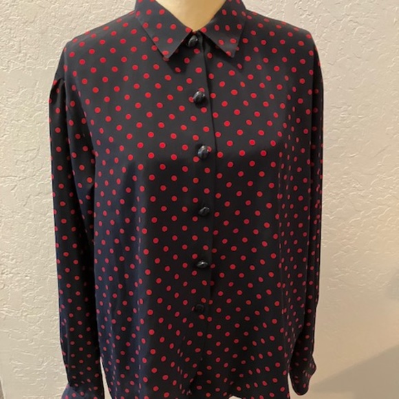 Vintage Jaeger 70s  Collar Polkadot Blouse In Pink Navy - Picture 1 of 4